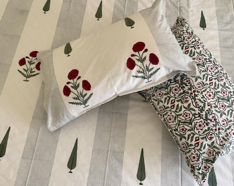 King Fitted Sheet Set, Hand Block Printed Percale Cotton Bedding, Indian Floral Bed Sheets, Boho Bedding, Reversible Pillow Covers