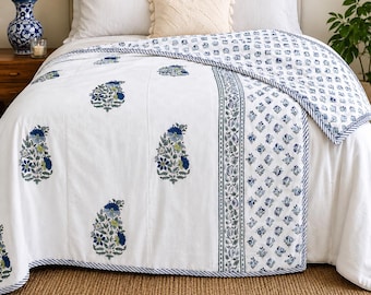 King Size Summer Quilt | Reversible Hand Block Print Cotton Dohar | Floral Paisley Muslin Blanket | Lightweight Indian Quilt
