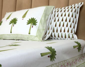 Juego de sábanas ajustables tamaño king, ropa de cama de algodón percal estampada a mano, sábanas con palmeras, ropa de cama tropical bohemia, fundas de almohada reversibles.