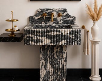 Calacatta Viola marmeren wastafel, gegroefde details, luxe badkamerdecoratie, handgemaakte natuursteen
