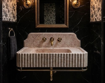 Natural Pink Marble Sink – Grooved Wavy Bathroom Cabinet Decor