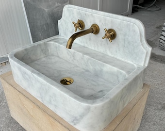 Handgesneden wastafel van Carrara-marmer, luxe wastafel voor wandmontage