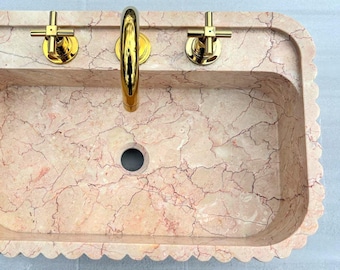 Handgesneden roze marmeren wastafel, gecanneleerde wandmontage wastafel, luxe badkamer wastafel