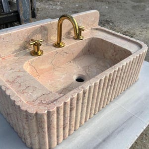 Luxury Pink Beige Hand Carved Fluted Marble Sink, Wall Mounted Natural Stone Vanity, Bathroom image 6