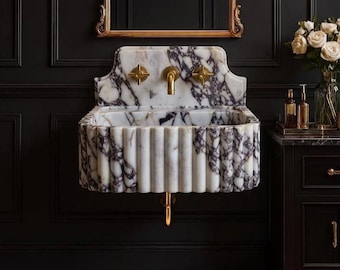 Calacatta Viola marmeren wastafel, handgesneden stenen wasbak, luxe badkamermeubel, wandgemonteerde opbouw wastafel