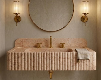 Luxe roze-beige handgesneden marmeren wastafel met gegroefde rand, wandgemonteerde wastafel van natuursteen, badkamer