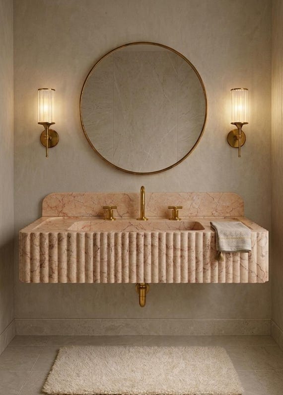 Luxury Pink Beige  Hand Carved Fluted Marble Sink, Wall Mounted Natural Stone Vanity, Bathroom