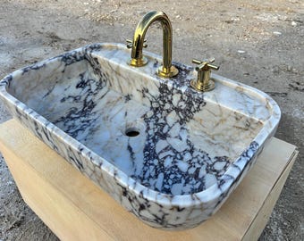 Wastafel Calacatta-altvioolmarmer, handgesneden natuurstenen wasbak, luxe wastafel