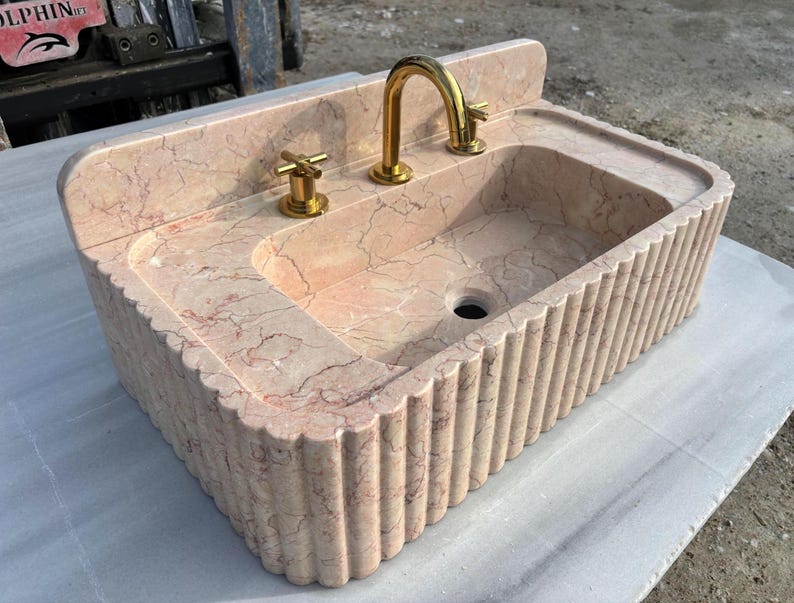 Luxury Pink Beige Hand Carved Fluted Marble Sink, Wall Mounted Natural Stone Vanity, Bathroom image 6
