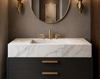 Op maat gemaakte wandwastafel van wit Carrara-marmer, handgemaakt luxe badkamermeubelblad.