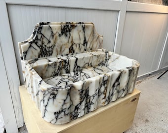 Handgemaakte Calacatta-marmeren gootsteen - 25,20 inch geribbelde stenen gootsteen - moderne luxe voor aanrecht in badkamer