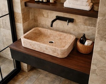 Handgesneden beige marmeren wastafel, natuurstenen wastafel, luxe badkamermeubel
