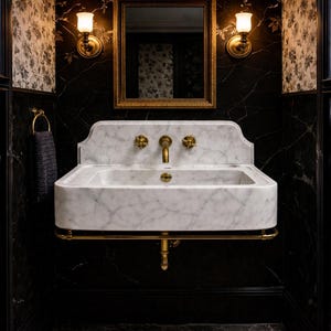 May include: A marble bathroom sink with gold fixtures, set against a black marble wall. The sink has a rectangular basin and a curved backsplash. A gold-framed mirror and sconces are above the sink, with a floral wallpaper accent.