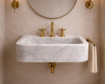 Marmeren wastafel, Carrara witte wandgemonteerde marmeren wastafel, luxe badkamermeubel, handgemaakte stenen wastafel, moderne wastafel aanrecht, op maat gemaakt