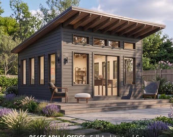 May include: A dark gray detached studio building with a shed roof, multiple rectangular windows, and sliding glass doors. The text reads: 256SF ADU / OFFICE - Full Architectural Set. Framing Plans - Cad File - Material List - All Included.
