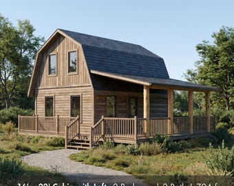 16'x22' 2 Bed 2 Bath - 704SF Cabin with Loft Plans | Small House Plans | Tiny House with Loft | Backyard House Plan | Barn House with Loft