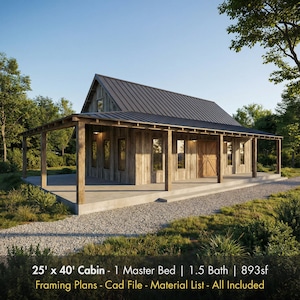 25'x40' 1 Bed 1.5 Bath - 893SF Rustic Cabin Plans | Small House Plans | Tiny House Plans | In-Law Suite | Cottage Plans | Farmhouse Plans