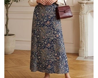 Falda larga Talbots Vintage 14 azul con estampado floral paisley, rayón, corte en A, elegante y clásica.