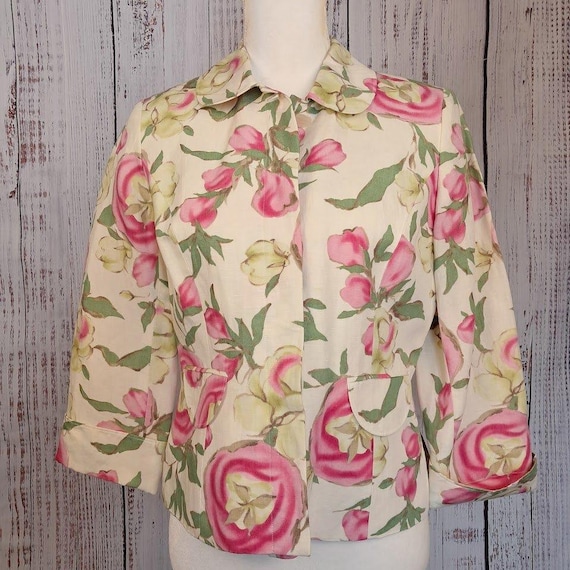 Ann Taylor, Vintage Ann Taylor LOFT 4 Rose Floral Linen Blend Cropped Blazer Garden Party