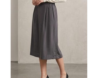 Anne Klein II Vintage 8 Charcoal Gray 100% Silk Pleated Midi Skirt Elastic Waist