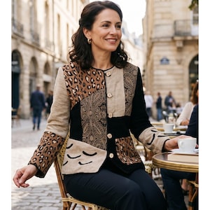 Puede incluir: Una chaqueta de manga larga con un diseño de patchwork que combina paneles de estampado de leopardo, tela negra y patrones de cachemira en color beige. La chaqueta tiene cuello redondo y cierre frontal con cinco botones claros.