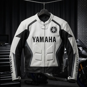 May include: A white and black Yamaha motorcycle jacket with the Yamaha logo and text. The jacket has black accents on the sleeves and shoulders. The jacket is hanging on a black hanger.