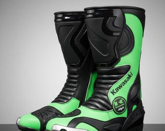Botas de moto de cuero con certificación CE / Zapatos de moto de competición Kawasaki para hombre