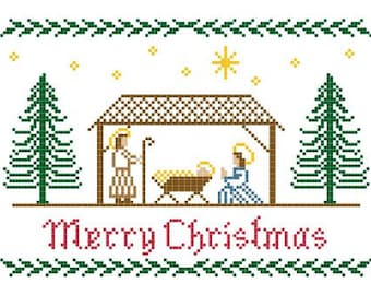 Christmas Nativity Cross Stitch Pattern - Merry Christmas with Manger and Pine Trees - Instant Download PDF