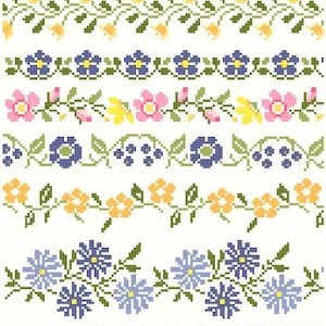 Vintage Floral Cross Stitch Borders Pattern - Instant Download PDF