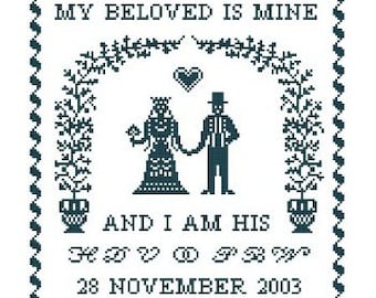 My Beloved Is Mine Wedding Sampler - Cross Stitch Pattern PDF Bride and Groom