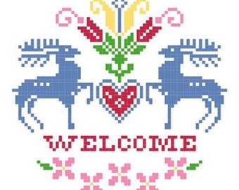 Welcome Flowering Heart Cross Stitch Pattern - Primary Colorway with Deer and Flowers ** Instant Download PDF