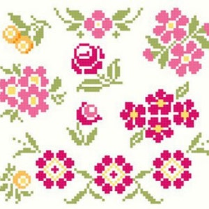 May include: A set of 10 floral embroidery patterns featuring pink, red, yellow, and green flowers. The patterns are perfect for cross-stitch, needlepoint, or other embroidery projects.