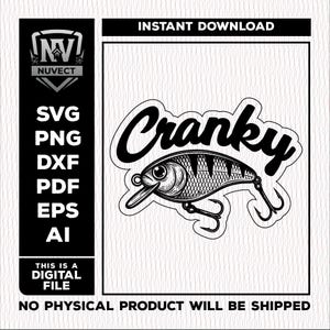 Op de afbeelding: Zwart-wit digitale afbeelding van een vislokmiddel met het woord "Cranky" in een vetgedrukte letter. De afbeelding bevat de tekst "Direct downloaden" en bestandstype-opties: SVG, PNG, DXF, PDF, EPS en AI. De tekst "Dit is een digitaal bestand" is ook aanwezig.