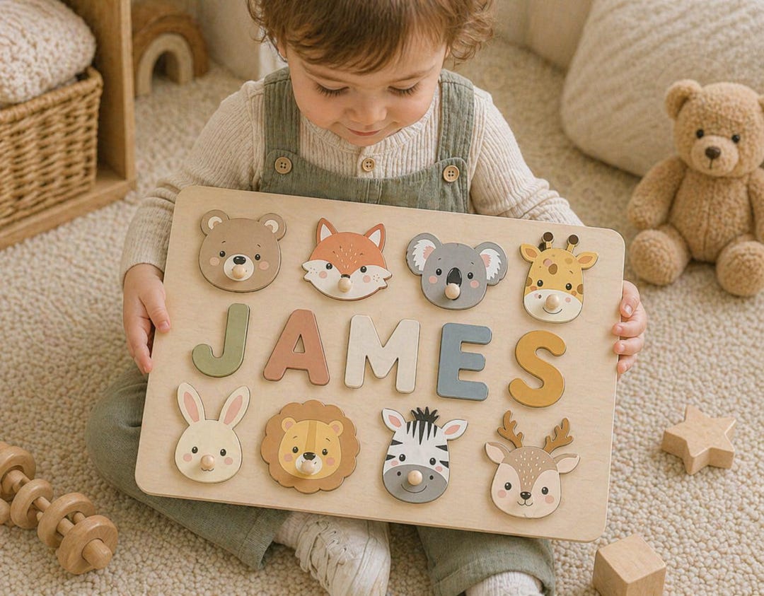 Wooden Animal Name Puzzle – Personalized Baby Shower Keepsake - Etsy