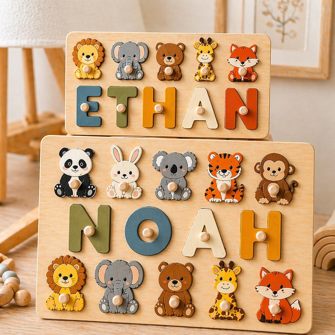 Wooden Animal Name Puzzle – Personalized Baby Shower Keepsake - Etsy