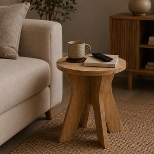 May include: A round light brown wooden side table with three thick, angled legs. On the tabletop sits a beige ceramic mug on a dark brown coaster, a small white book, and a black remote control. The table has a smooth, natural wood grain finish.