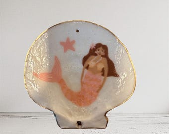 Adorno de concha de vieira de sirena rosa – Decoración costera de Cape Cod