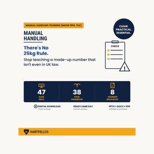 May include: Manual handling training digital resource featuring the text Manual Handling, There's No 25kg Rule, and Stop teaching a made-up number that isn't even in UK law. Includes 47 slide deck, 38 page handbook, and 8 training resources in PPTX, DOCX, and PDF.