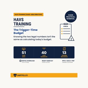 Puede incluir: Un recurso de formación digital sobre HAVS (vibración mano-brazo) con el texto HAVS TRAINING, The Trigger-Time Budget y Knowing the two legal numbers isn't the same as calculating today's budget. Incluye 51 diapositivas, 40 páginas y 13 recursos.