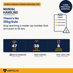 May include: A digital manual handling training resource featuring the text Manual Handling, There's No 25kg Rule, and Stop teaching a made-up number that isn't even in UK law. Includes a 47 slide deck, 38 page handbook, and 8 training resources.