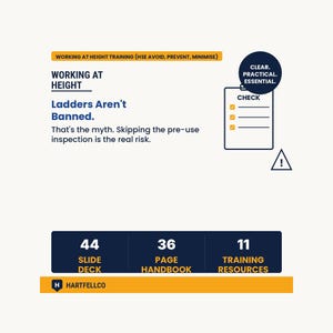 Puede incluir: Un gráfico educativo titulado Working at Height Training con el texto Ladders Aren't Banned. Incluye un icono de lista de verificación, un triángulo de advertencia y un resumen de 44 diapositivas, un manual de 36 páginas y 11 recursos de formación.