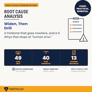 May include: A digital download for root cause analysis training featuring a 49-slide deck, 40-page handbook, and 13 training resources. The graphic includes text about fishbone diagrams and 5 Whys, a checklist icon, and file formats PPTX, DOCX, and PDF.