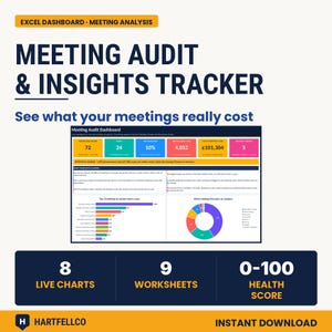 May include: An Excel dashboard template titled Meeting Audit & Insights Tracker. The interface displays data visualizations, including a health score, meeting cost analysis, bar charts, and a donut chart for meeting categories. Includes 8 live charts, 9 worksheets, and a 0-100 health score metric.