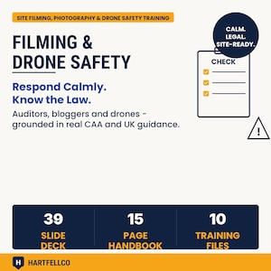 May include: An informational graphic for site filming, photography, and drone safety training. It features the text 'FILMING & DRONE SAFETY', 'Respond Calmly. Know the Law.', a checklist icon, a warning triangle, and a summary of 39 slides, 15 pages, and 10 files.