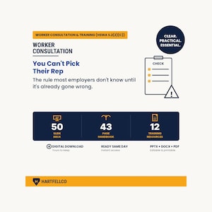 Puede incluir: Una infografía de recursos de formación titulada Worker Consultation and Training. Incluye un icono de lista de verificación, el texto You Can't Pick Their Rep, y detalles para una presentación de 50 diapositivas, un manual de 43 páginas y 12 recursos en formatos PPTX, DOCX y PDF.