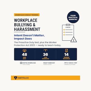 Peut inclure: Matériel de formation sur la conduite au travail intitulé Workplace Bullying & Harassment, Intent Doesn't Matter, Impact Does. Comprend 48 diapositives, un manuel de 36 pages et 14 ressources. Inclut une icône de liste et la marque Hartfellco.