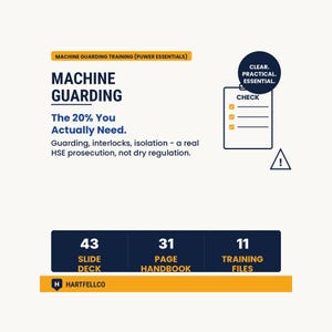 Könnte beinhalten: Eine Schulungsressource mit dem Titel Machine Guarding Training (Puwer Essentials) mit dem Text Machine Guarding, The 20% You Actually Need und Guarding, interlocks, isolation. Enthält eine Checkliste, ein Warnschild, 43 Folien, ein 31-seitiges Handbuch und 11 Schulungsdateien.