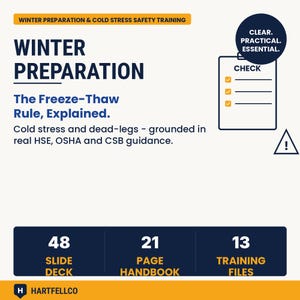 Op de afbeelding: Een informatieve afbeelding getiteld Winter Preparation & Cold Stress Safety Training. Het bevat tekst over de vries-dooi-regel, HSE-, OSHA- en CSB-richtlijnen, een checklist-pictogram en een overzicht van 48 dia's, 21 pagina's en 13 trainingsbestanden.