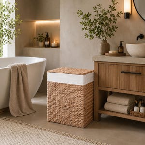May include: A rectangular laundry basket made from woven material, featuring a white fabric liner and lid. The natural-toned basket sits in a bathroom setting, alongside a bathtub, vanity unit, and rug, creating a spa-like ambiance.