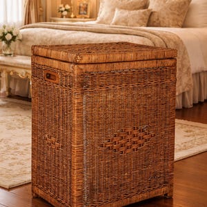 Wicker Laundry Basket with Lid, Chestnut Wash Storage Trunk, Cotton Lined Hampers